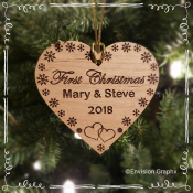 Personalized custom engraved first christmas ornament, wood heart shape ornament, couples first christmas ornament